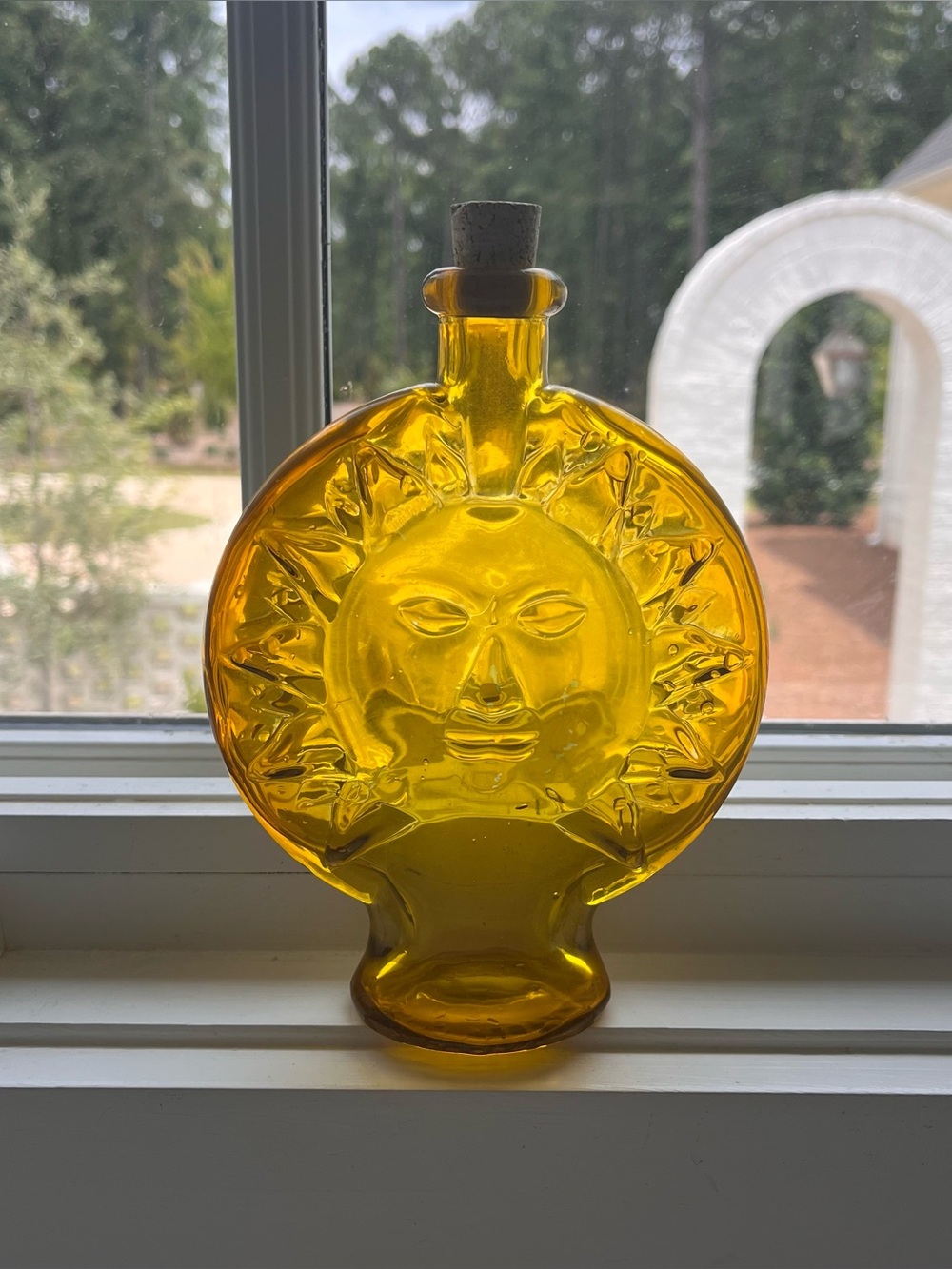 Vintage Sun Face Yellow Flashed Glass Bottle Bud Vase Bohemian Celestial 7"